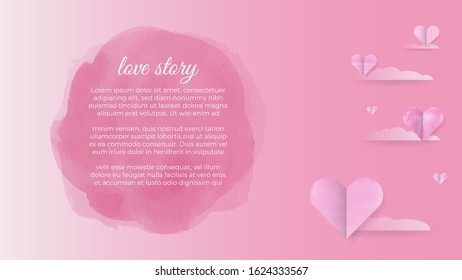 Watercolor Pink love story shaped paper floating with a gradient background. happy mother's day with a symbol of love. for greeting cards, banners, posters, wedding invitations. editable EPS 10 vector