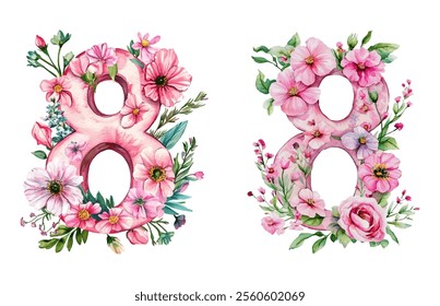 Watercolor pink numbers 8 decorated with flowers on a white isolated background. Elements for March 8. Symbol of International Women's Day. Romantic elements for the spring holiday.