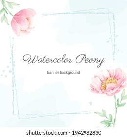 watercolor pink peony flower bouquet frame with splash banner background