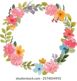 watercolor pink peony, yellow and blue flower