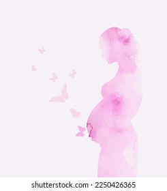 Watercolor pink pregnant woman with butterflies. Happy Mother's Day. Vector illustration