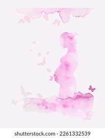 Watercolor pink pregnant woman with butterflies. Happy Mother's Day. Vector illustration