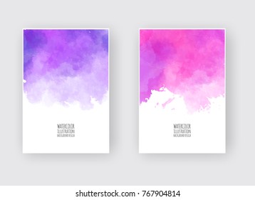 Watercolor pink purplecolor design banners set. Vector illustration