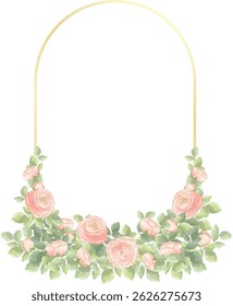 watercolor pink ranunculus buttercup flowers arrangement with golden frame template
