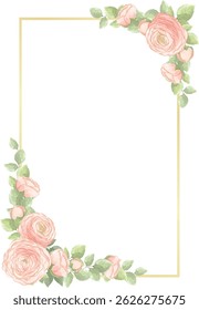 watercolor pink ranunculus buttercup flowers arrangement with golden frame template