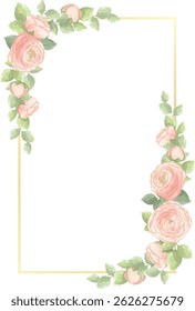 watercolor pink ranunculus buttercup flowers arrangement with golden frame template