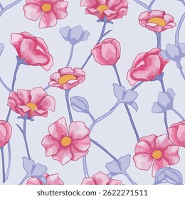 Watercolor pink red flower flora with blue leaf seamless pattern