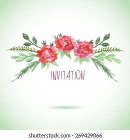 Watercolor pink, red and green card templates for wedding invitation, save the date cards, mothers day, valentines day, birthday cards with flowers and inscription Vector illustration eps 10