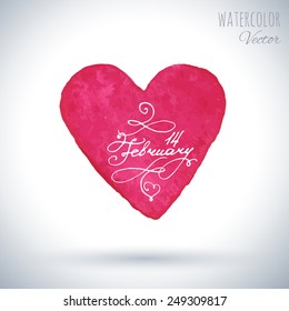Watercolor pink red heart isolated on white background. Holiday Valentines day card. Hand painting - vector