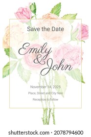 watercolor pink rose flower branch bouquet  wedding invitation card template collection