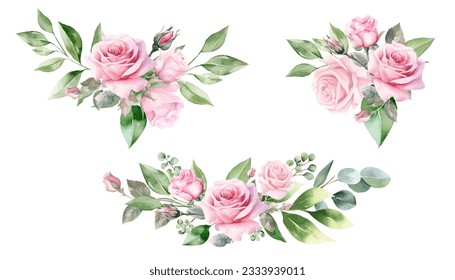 Watercolor pink rose flower and leaf bouquet clipart collection isolated on white background vector illustration set. 