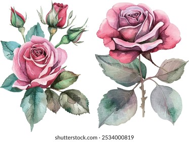 Watercolor pink rose flower and leaf bouquet clip art