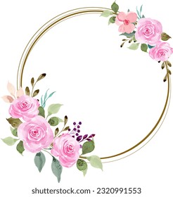 Watercolor pink rose flower wreath with circles for background, wedding, birthday, wallpaper, banner, sticker, decoration etc.