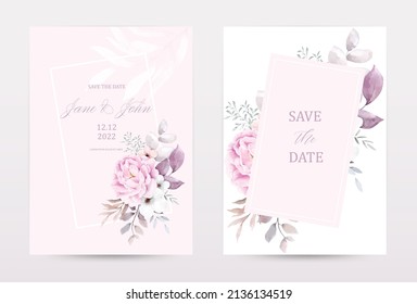 Watercolor pink rose flowers invitation template cards set. Collection watercolor botanical vector suitable for Wedding Invitation, save the date, thank you, or greeting card.