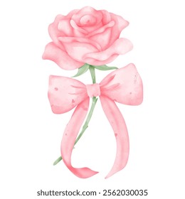 Watercolor Pink Rose with Large Ribbon Bow