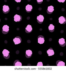 Watercolor pink roses seamless pattern. Hand painted sketch with abstract rose flowers in pink colors on a black background. Floral card design.
