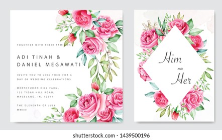 watercolor pink roses wedding invitation card set