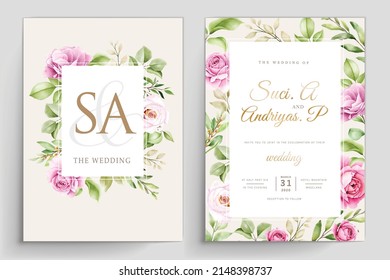 watercolor pink roses wedding invitation card set