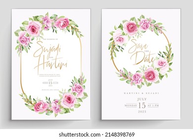watercolor pink roses wedding invitation card set