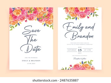 watercolor pink roses wedding invitation card set