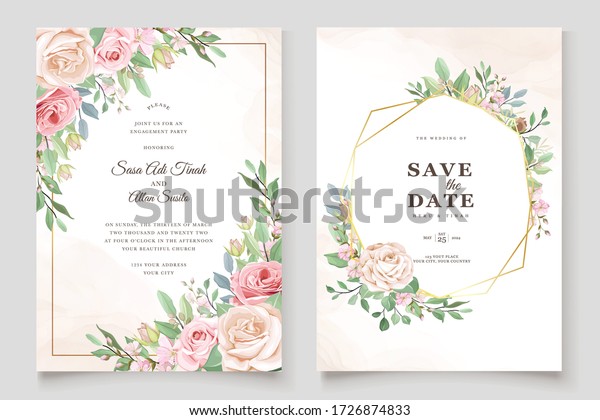 watercolor pink\
roses wedding invitation card\
set