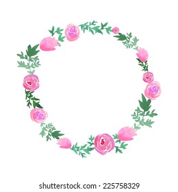 Watercolor pink roses wreath. Greeting hand painted background