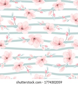 watercolor pink sakura or cherry blossom flower blooming in green strip line seamless pattern