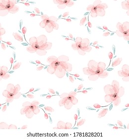 watercolor pink sakura or cherry blossom flower blooming seamless pattern