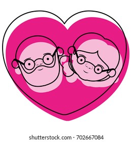 watercolor pink silhouette of heart shape greeting card with caricature face of bald grandfather with beard and grandmother with side collected hair vector illustration