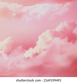 watercolor Pink sky background with white clouds.Sugar cotton pink clouds vector design background. Fantasy pastel color.Pastel sky vector background.