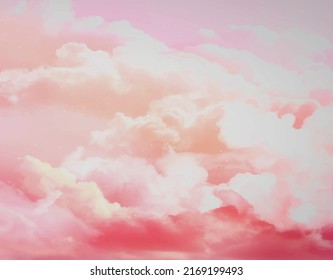 watercolor Pink sky background with white clouds.Sugar cotton pink clouds vector design background. Fantasy pastel color.Pastel sky vector background.