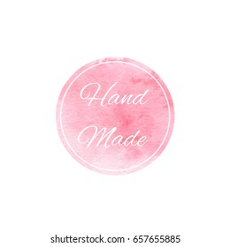Watercolor pink texture on the white background with round sign and hand made text. Vector.