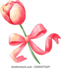 Watercolor Pink Tulip with Bow