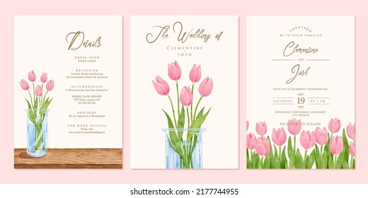 Watercolor pink tulip flowers vase set wedding invitation template