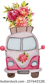 Watercolor pink van with flowers roses Valentine's day truck, Valentine's day bus transportation with flowers on top vector illustration