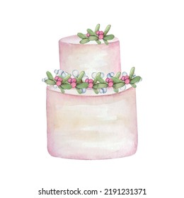 Watercolor Pink Wedding Cake And Berries