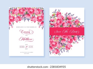 Watercolor Pink Wedding invitation with wild flowers and Save The Date cards, vector template.