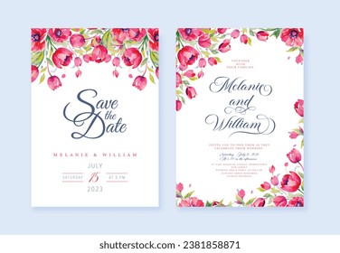 Watercolor Pink Wedding invitation with wild flowers and Save The Date cards, vector template.