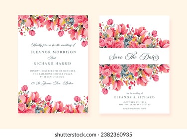 Watercolor Pink Wedding invitation with wild flowers and Save The Date cards, vector template.