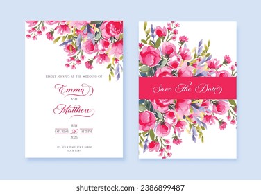 Watercolor Pink Wedding invitation with wild flowers and Save The Date cards, vector template.