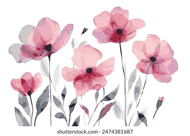 watercolor pink wildflowers on a white background with clear outlines and the flowers outlined in black, in the style of the artist.