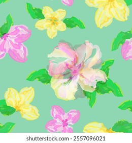 Watercolor pink and yellow flowers and green leaves on turquoise background. Abstract seamless pattern in soft pastel palette. Artistic textile collection. For print, cover, greeting card etc. Vector.