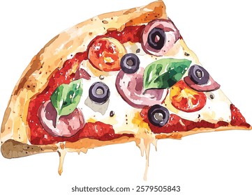 Watercolor pizza and olives. Isolated food vector illustration on white background