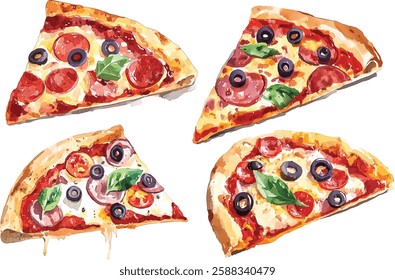 Watercolor pizza and olives. Isolated food vector illustration on white background