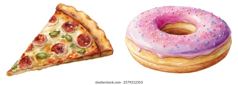 Watercolor pizza slice, colorful donut, food illustration, delicious desserts, vibrant colors, artistic style, culinary art.