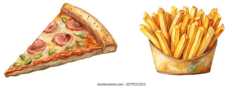 Watercolor pizza slice, crispy French fries, vibrant colors, food illustration, delicious snacks, culinary art.