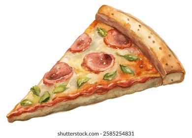 Watercolor pizza slice, delicious toppings, pepperoni and basil, vibrant colors, food illustration, culinary art.