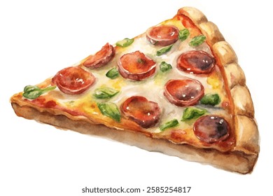 Watercolor pizza slice, pepperoni toppings, vibrant colors, delicious food illustration, culinary art, appetizing design.