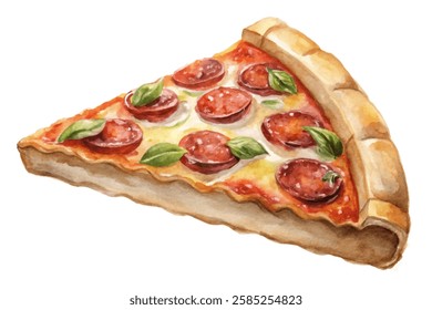 Watercolor pizza slice, pepperoni toppings, fresh basil leaves, vibrant colors, food illustration, culinary art.