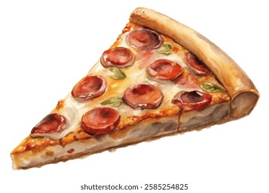 Watercolor pizza slice, pepperoni toppings, delicious food illustration, vibrant colors, culinary art, restaurant menu design.